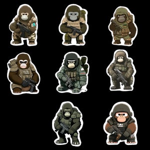 Gorilla Stickers, Set of 24 Stickers, Sticker, Military Sticker, Die Cut Sticker, Army Sticker, Tactical Gorilla, Rifle, Camo