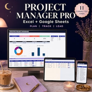 Op de afbeelding: Een digitale projectmanagementtool voor Excel en Google Sheets genaamd Project Manager Pro, weergegeven op een computermonitor, tablet en smartphone, met een executive dashboard, grafieken en een 11 connected tabs badge.