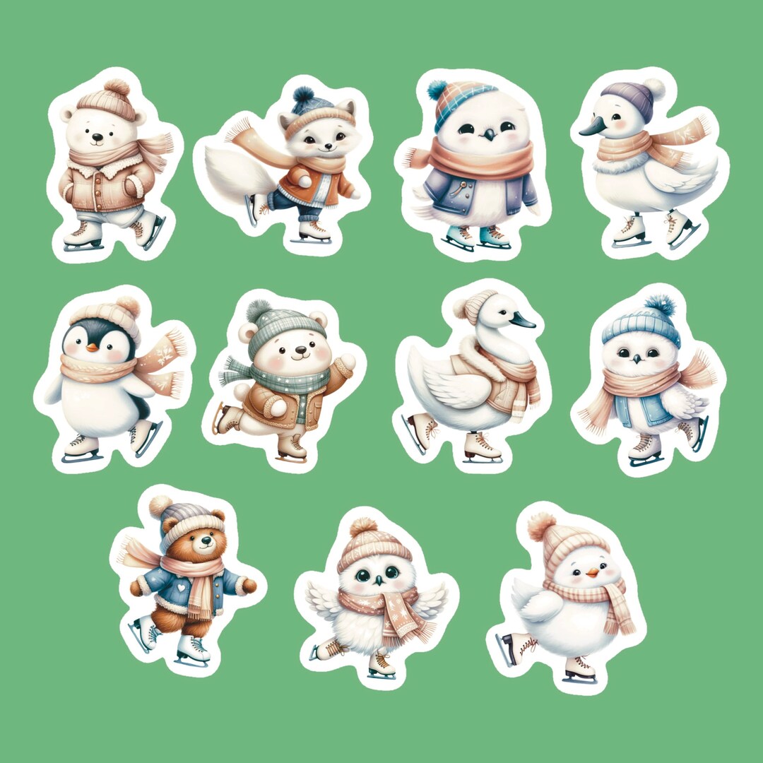 Ice Skating Animal Stickers, Set of 22 Stickers, Animal Sticker, Ice ...