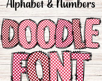 Red Checkered Doodle Letters PNG with Doodle Outline, Clipart Alphabet Font Digital Download, POD, Ready to Print