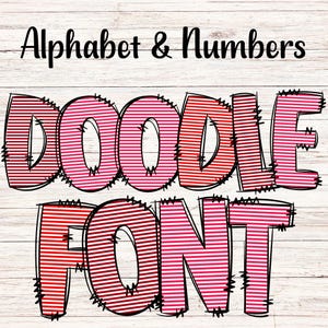 Red Stripe Doodle Letters PNG with Doodle Outline, Clipart Alphabet Font Digital Download, POD, Ready to Print