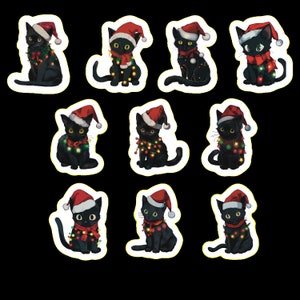 Black Cat Christmas Stickers, Set of 20 Stickers, Christmas Stickers, Cat Stickers, Black Cat Sticker, Cats, Kitten, Santa Hat Cat Stickers