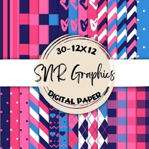 Navy & Pink Digital Paper Bundle 12X12, Scrapbook Paper, Wallpaper, Digital Background,  Bright Paper, Chevron, Argyle, Stripe, Blue