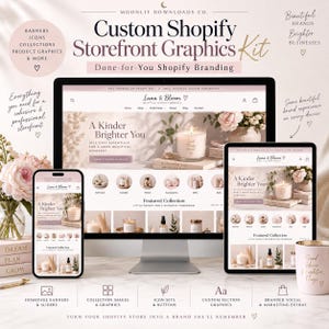 Może przedstawiać: Cyfrowy zestaw wyświetlaczy obejmujący monitor stacjonarny, tablet i smartfon, prezentujący spójny projekt sklepu Shopify dla Luna & Bloom. Interfejs zawiera kategorie produktów oraz elementy identyfikacji wizualnej.