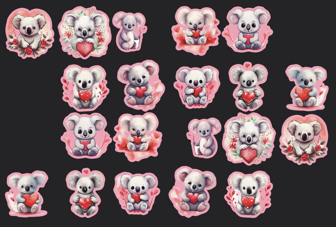 Koala Stickers, Set of 20 Stickers, Valentine Sticker, Love Stickers