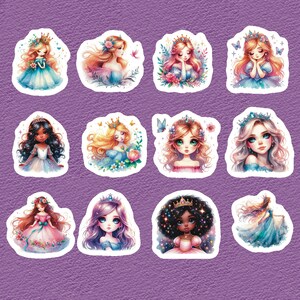 Pretty Princess Stickers, Set of 24 Stickers, Princess Stickers, Colorful Princess Stickers, Long Hair Princess Stickers, Butterfly Stickers