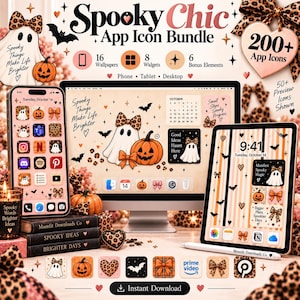 May include: A digital app icon bundle titled Spooky Chic featuring over 200 icons, 16 wallpapers, 8 widgets, and 6 bonus elements. The display shows a smartphone, a computer monitor, and a tablet with Halloween-themed graphics including ghosts, pumpkins, and leopard print bows in orange, black, and cream colors.