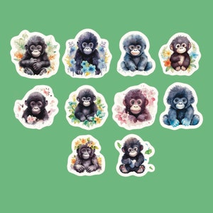 Floral Baby Gorilla Stickers, Set of 20 Stickers, Gorilla Stickers, Zoo Stickers, Floral Sticker, Adorable Baby Gorilla Stickers, Gorillas