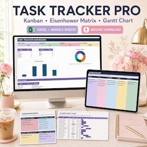 May include: A digital task tracker pro dashboard displayed on a computer monitor and tablet, featuring a Kanban board, Eisenhower matrix, and Gantt chart. The interface includes colourful charts, tables, and task lists for Excel and Google Sheets.