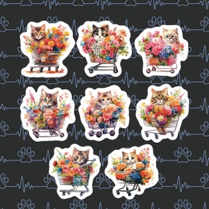 Cat In A Shopping Cart Stickers, Set of 24 Stickers, Cat Stickers, Colorful Cat Stickers, Floral Cat Sticker, Flower Sticker, Cats, Flowers