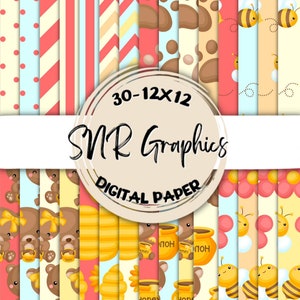 Honey Bear Digital Paper Bundle 12x12, Scrapbook Papier, Tapete, Digitaler Hintergrund, Pooh Bear Papier, Chevron, Punkte, Streifen, Winnie Pooh