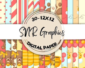 Honey Bear Digital Paper, Scrapbook Background (Digital Download)