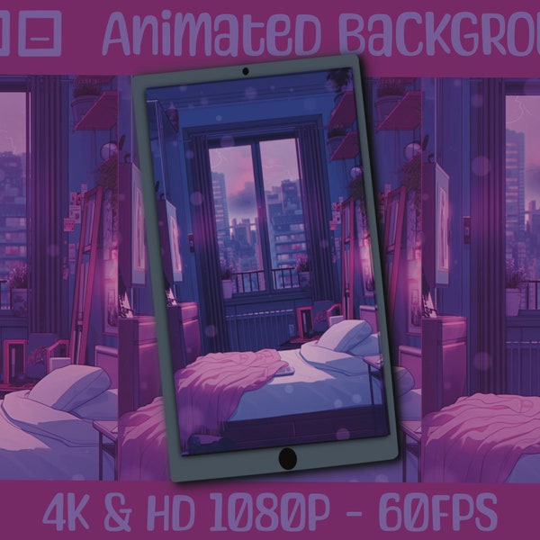 Animated Background Lofi Purple Aesthetic Lightening Bedroom, Cell Phone Wallpaper, Anime style, Iphone Background, Samsung Background