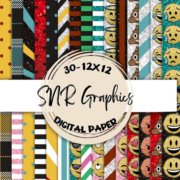 Emoji Digital Paper Bundle 12X12, Scrapbook Paper, Wallpaper, Digital Background,  Glitter Paper, Chevron, Stripe, Sparkle, Black, Yellow