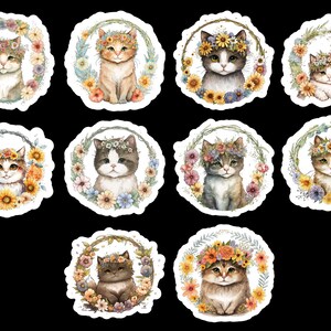 Cat Kitty Kitten, Set of 20 Stickers, Sticker, Journal Sticker, Die Cut Stickers, Watercolor Stickers Flower Child, Kitty, Cat