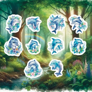 Floral Dolphin Stickers, Set of 20 Stickers, Floral Stickers, Dolphin Stickers, Dolphins, Porpoise Stickers, Ocean Stickers