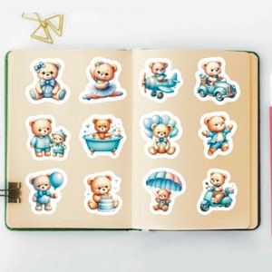 Blue Teddy Bear Stickers, Set of 24 Stickers, Nursery Stickers, Bear Stickers, Cute Baby Stickers, Teddy Bear Stickers, Boy Stickers