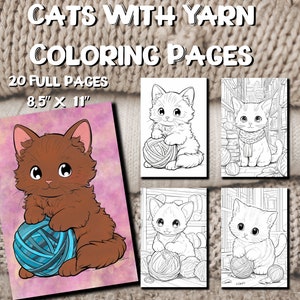 Cats with Yarn Coloring Pages: Kitten Adult Coloring Book, 20 Digital Coloring Pages (Printable, PDF Download)