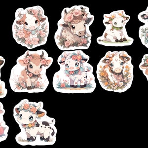 Anime Flower Cows , Set of 22 Stickers, Sticker,  Die Cut Sticker, Watercolor Cow Sticker, Cow Stickers, Calf Stickers, Farm Cows