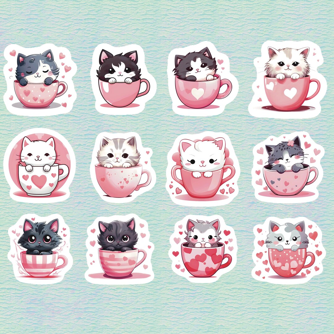Cats in Teacups Set of 24 Stickers, Sticker, Journal Sticker, Die Cut ...
