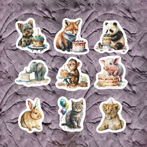 Birthday Animal Stickers, Set of 18 Stickers, Animal Stickers, Birthday Stickers, Dog, Fox, Panda, Elephant, Rabbit, Pig, Monkey, Cat, Lion