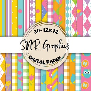 Spring Digital Paper Bundle 12X12, papier album, papier peint, fond d’écran numérique, papier hibou, chevron, argyle, rayure, orange, rose