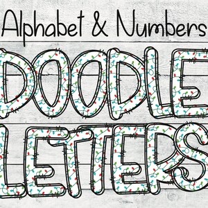 Luces de Navidad Doodle Letters PNG con Doodle Outline, Christmas Clipart Alphabet Font Descarga digital, POD, Listo para imprimir, Fuente