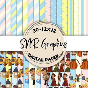 Cinderella Digital Paper Bundle 12x12, Scrapbook Papier, Tapete, digitaler Hintergrund, Prinzessin Papier, Chevron, Punkte, Streifen, Glaspuschen