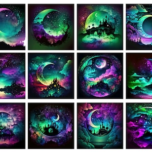 Dark Fantasy Set of 24 Stickers, Sticker, Journal Sticker, Die Cut Stickers, Fantasy Stickers, Nightscape, Moon Sticker, Castle
