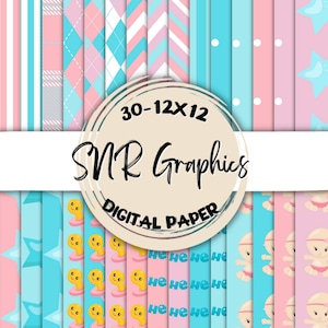 Gender Reveal Digital Paper Bundle 12X12, Scrapbook Papier, Wallpaper, Digitale Achtergrond, , Chevron, Argyle, Stripe, Roze, Blauw