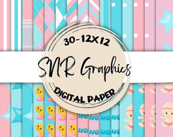 Gender Reveal Digital Paper Pack, Pink, Blue, Chevron (Digital Download)