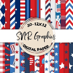 USA Digital Paper Bundle 12X12, Scrapbook Paper, Wallpaper, Digital Background,  Owl Paper, Chevron, Argyle, Stripe, America, 4th of July