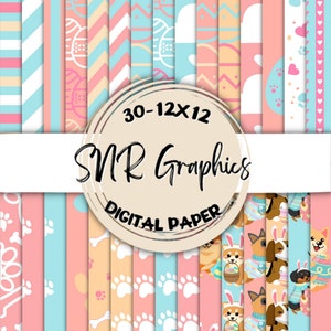 Easter Dog Digital Paper Bundle 12X12, papier de scrapbook, papier peint, fond d’écran numérique, papier chiot, chevron, impression de patte, rayure, pastel
