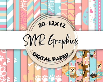 May include: A set of 30 digital papers featuring Easter-themed patterns in pink, blue, and yellow. The patterns include paw prints, bones, eggs, and bunnies. The papers are 12x12 inches and are perfect for scrapbooking, card making, and other crafting projects.
