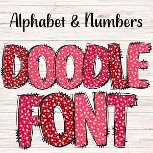 Red Confetti Doodle Letters PNG with Doodle Outline, Clipart Alphabet Font Digital Download, POD, Ready to Print
