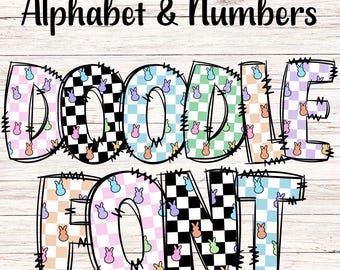 Checkered Easter Doodle Letters PNG with Doodle Outline, Easter Clipart Alphabet Font Digital Download, POD, Ready to Print, Retro Font