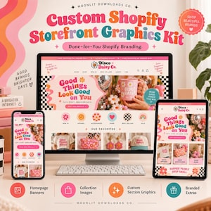 Może przedstawiać: Ekran cyfrowy prezentujący zestaw grafik do sklepu Shopify od Moonlit Downloads Co. Strona internetowa zawiera różowe, pomarańczowe i turkusowe elementy marki z tekstem Disco Daisy Co. oraz Good Things Look Good on You.