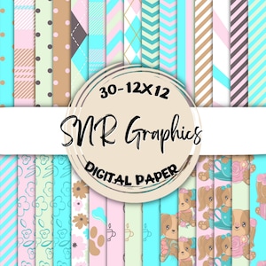 Tea Cup Puppy Digital Paper Bundle 12X12, papier album, papier peint, fond d’écran numérique, papier pour chien, chevron, rayures, rose, aqua