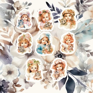 Little Girl With Kitten Stickers, Set of 24 Stickers, Girl Stickers, Kitten Stickers, Toddler Girl Sticker, Floral Girl Sticker, Cat Sticker