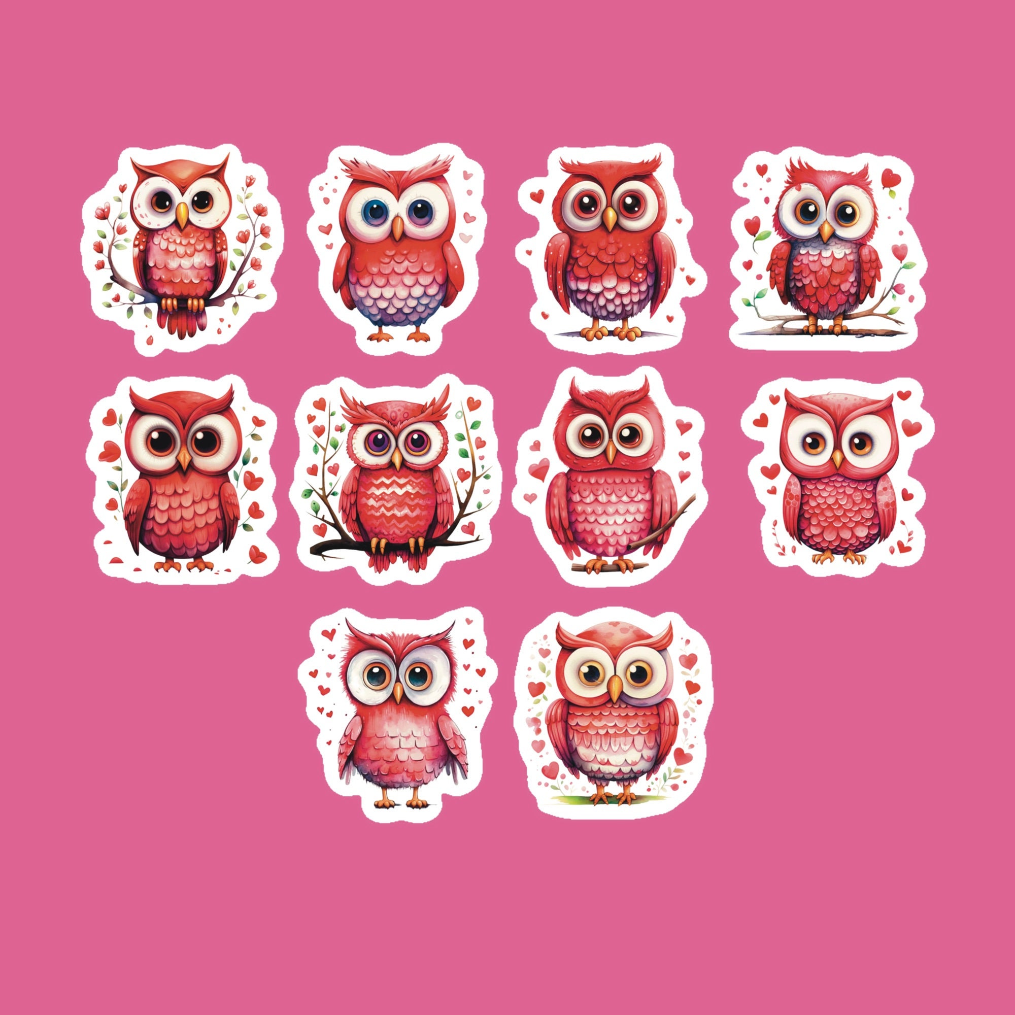 Valentine Love Owl Stickers, Set of 20 Stickers, Valentine Stickers, Owl Sticker, Colorful Owl Stick