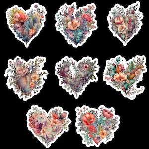 Floral Hearts, Set of 24 Stickers, Sticker, Journal Sticker, Die Cut Stickers, Valentines Day Stickers, Watercolor Flowers