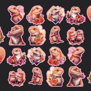 Bearded Dragon Stickers, Set 20 Stickers, Journal Stickers, Valentine Sticker, Love Stickers, Heart Stickers, Rose Stickers, Bearded Dragons