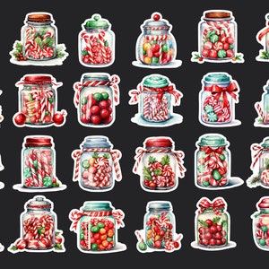 Candy Jar Stickers, Set of 24 Stickers, Christmas Stickers, Journal Sticker, Christmas Candy Stickers, Peppermint Candy Sticker, Candy Canes