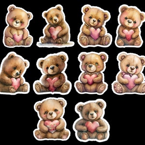 Fuzzy Teddy Bears Sticker, Set of 20 Stickers, Sticker, Journal Sticker, Die Cut Stickers, Watercolor Stickers, Teddy Bear Heart