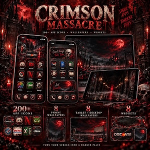 May include: A digital aesthetic pack titled Crimson Massacre featuring dark red and black gothic themes. Includes over 200 app icons, 8 phone wallpapers, 8 tablet and desktop wallpapers, and 8 widgets displayed on two smartphones, a tablet, and a laptop.