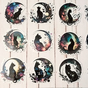 Black Cat, Set of 30 Stickers, Sticker, Journal Sticker, Die Cut Stickers, Cat Witch Stickers, Moon Sticker, Boho, Crescent Moon