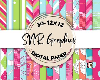 May include: A set of 30 digital papers in 12x12 inch size, featuring a variety of patterns and designs. The patterns include stripes, polka dots, plaid, and chevron. The designs include books, owls, apples, and stars. The papers are perfect for scrapbooking, card making, and other craft projects.