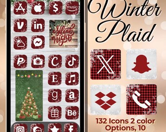 May include: A set of 132 customizable phone icons with a winter plaid design. The icons feature a red and black plaid pattern with white snowflakes. The set also includes 10 widgets and 5 backgrounds.