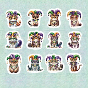 Mardi Gras Kittens Set of 24 Stickers, Sticker, Journal Sticker, Die Cut, Cat Stickers, Kitten Stickers