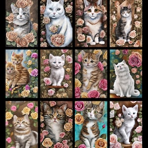 Vintage Cats Set of 24 Stickers, Sticker, Journal Sticker, Die Cut Stickers, Floral Cat Sticker, Watercolor Sticker, Kitten